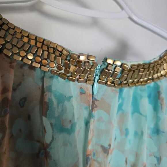 Vince Camuto Blue Printed Watercolor Chiffon Halter Top Gold Beads Maxi Dress 12 - Picture 8 of 10